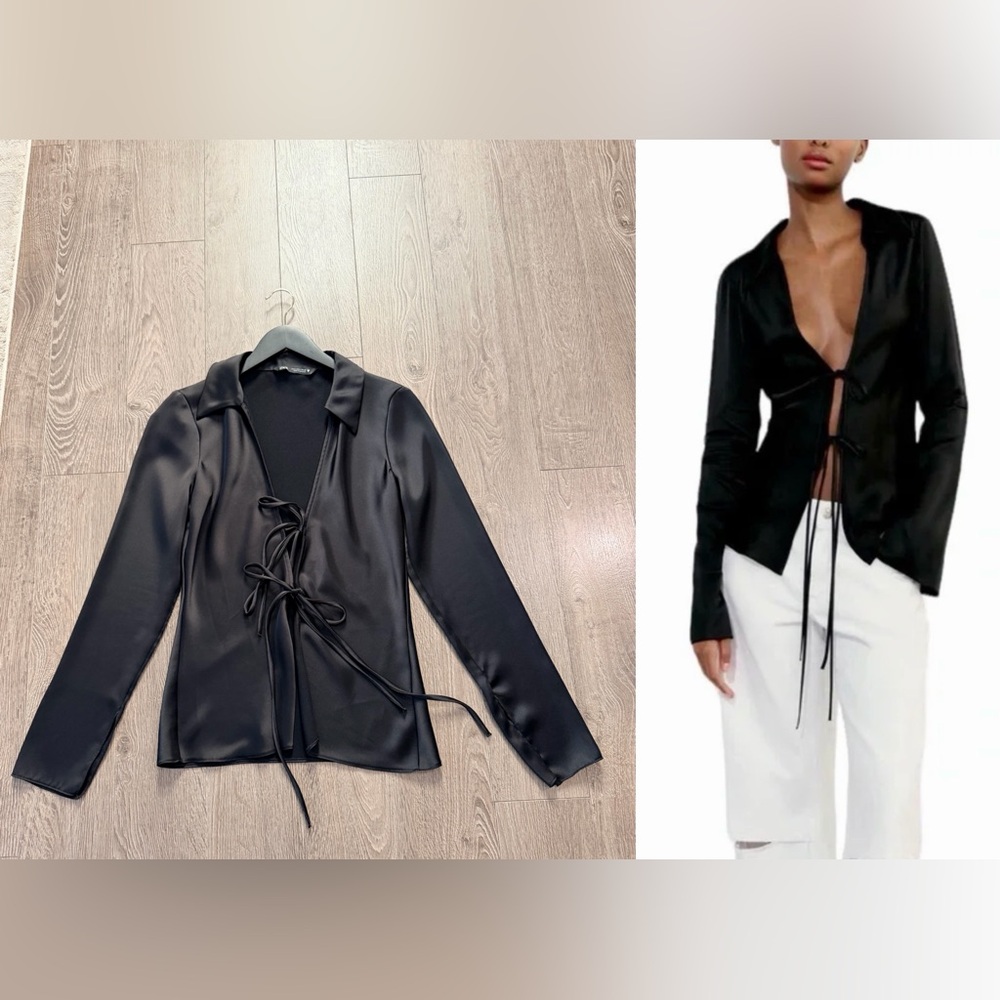 Zara Black Satin Effects Tie-Front Blouse